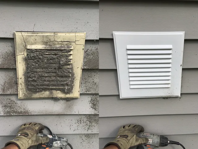 Norwalk Dryer Vent Cleaning technician installing high-quality dryer vent cover at a residential property in Norwalk